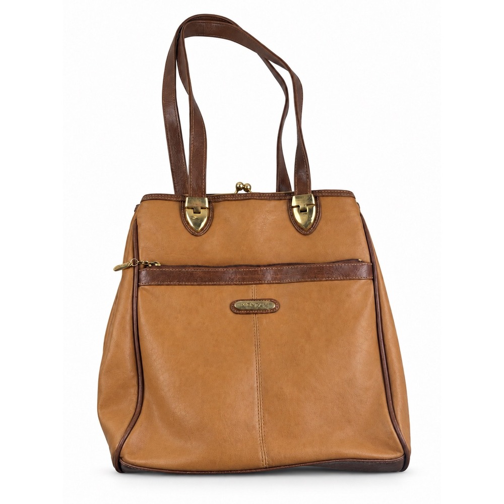 Mondani Vintage Y2K Tan Brown Faux Leather Shoulder Tote Bag Kiss Lock Purse